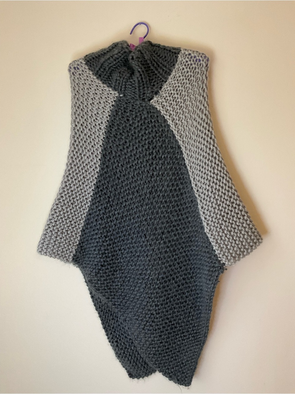 Two-Tone Gray Hand-Knit Sleeveless Poncho Vest